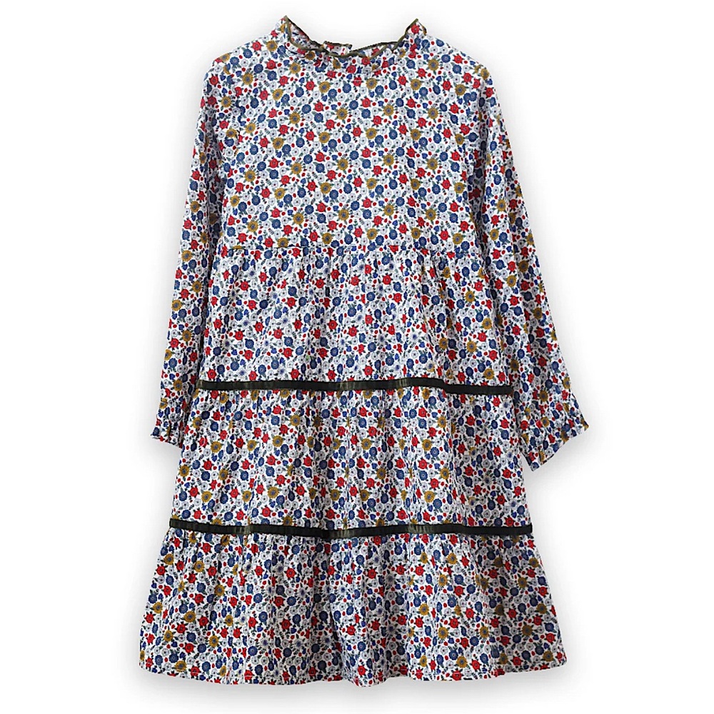 Beet World - Girls’ Long Sleeve Tiered Skirt Dress w/Velvet Trim - Size: 5-6Y